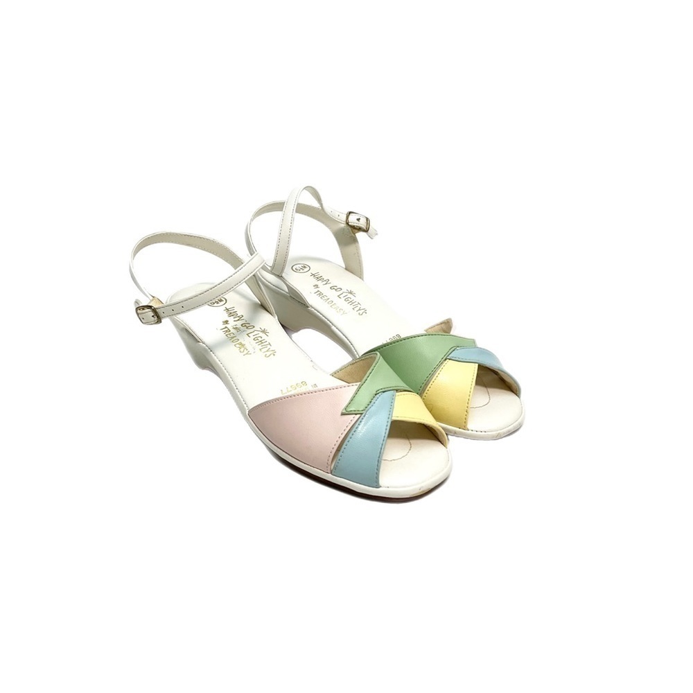 Vintage 1970s pastel and white vegan leather open toe strappy wedge sandals